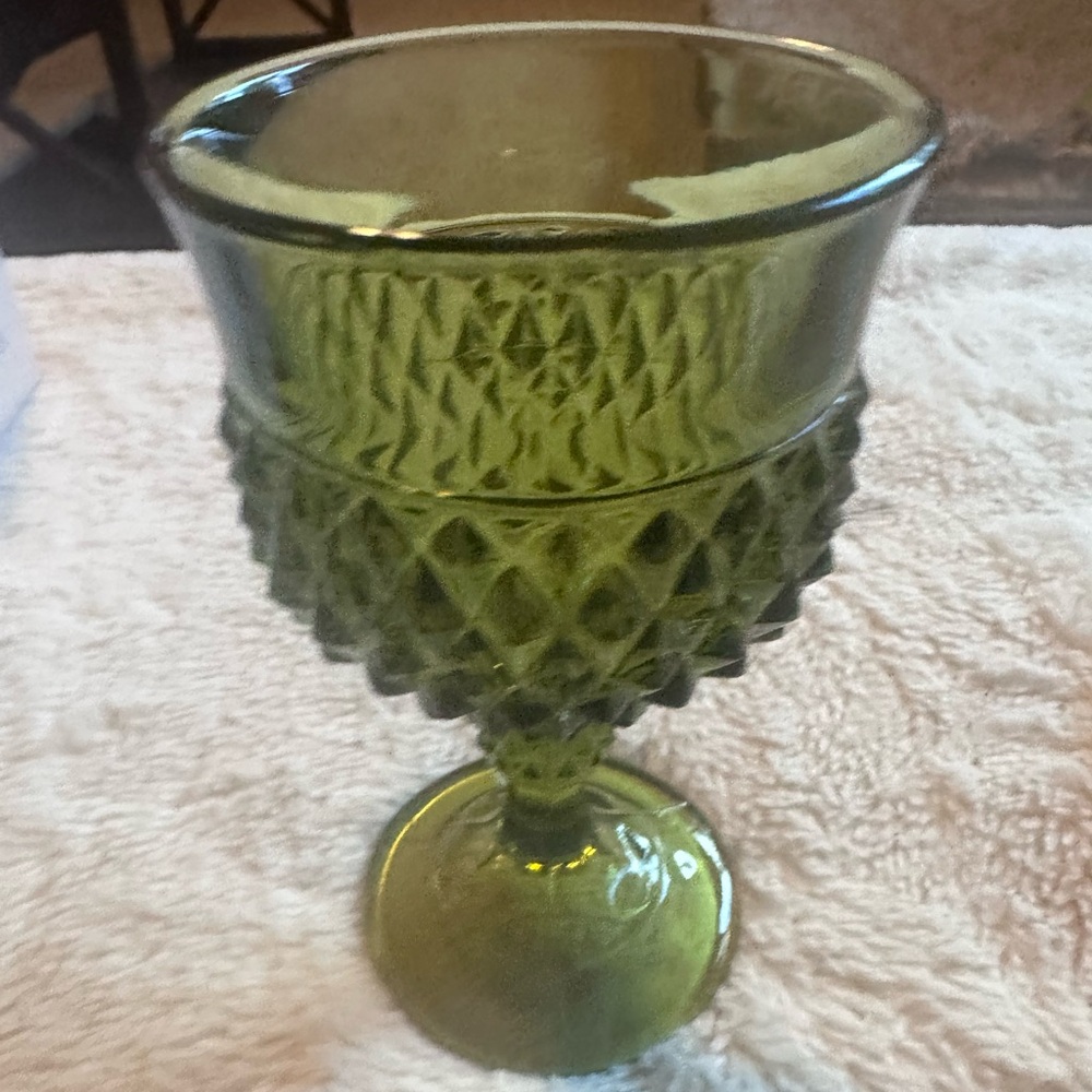 Vintage MCM Indiana Glass Green Diamond Point Wine Water Goblet